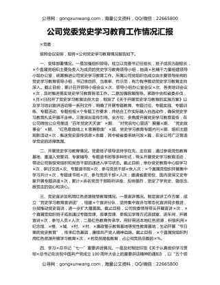 公司党委党史学习教育工作情况汇报