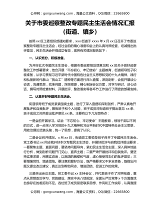 关于市委巡察整改专题民主生活会情况汇报（街道、镇乡）