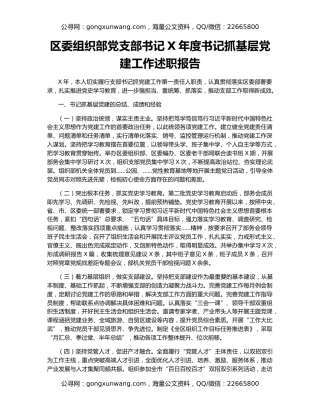 区委组织部党支部书记X年度书记抓基层党建工作述职报告