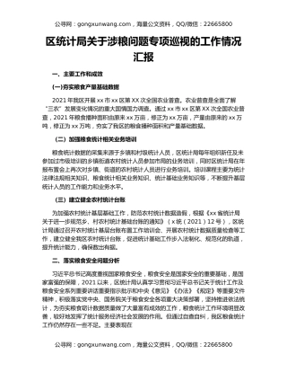 区统计局关于涉粮问题专项巡视的工作情况汇报