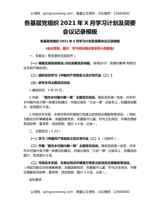 各基层党组织2021年X月学习计划及简要会议记录模板