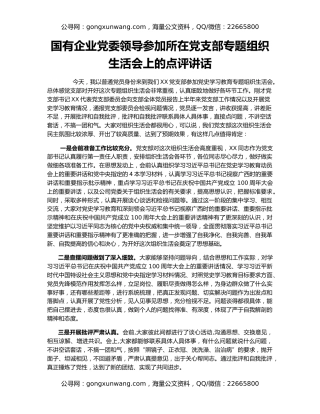 国有企业党委领导参加所在党支部专题组织生活会上的点评讲话