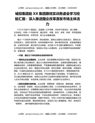 城投集团赴XX集团跟班实训务虚会学习经验汇报：深入推进国企改革激发市场主体活力