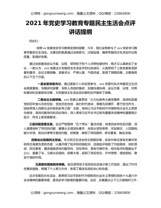 2021年党史学习教育专题民主生活会点评讲话提纲