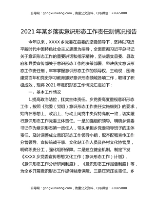 2021年某乡落实意识形态工作责任制情况报告