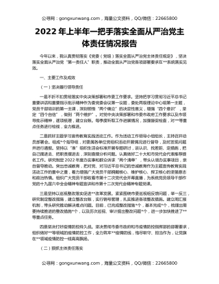 2022年上半年一把手落实全面从严治党主体责任情况报告