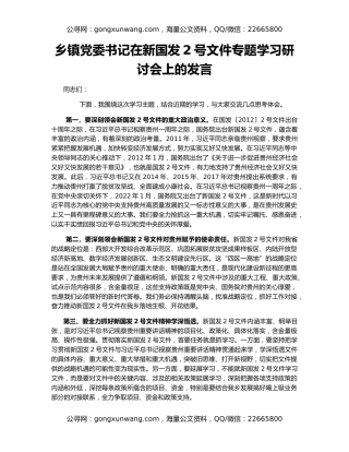 乡镇党委书记在新国发2号文件专题学习研讨会上的发言