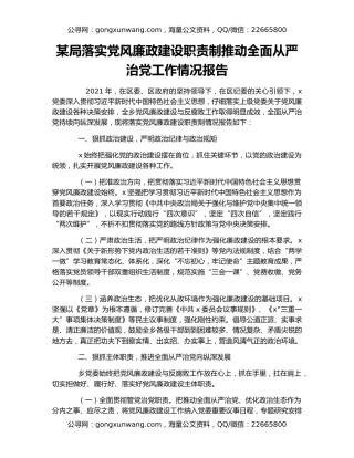 某局落实党风廉政建设职责制推动全面从严治党工作情况报告