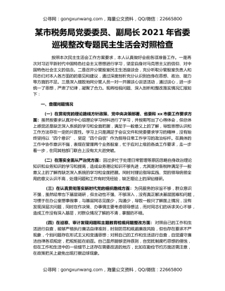 某市税务局党委委员、副局长2021年省委巡视整改专题民主生活会对照检查