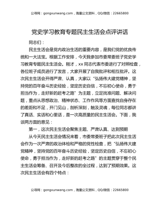 党史学习教育专题民主生活会点评讲话