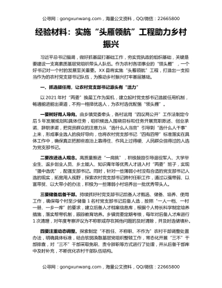 经验材料：实施“头雁领航”工程助力乡村振兴