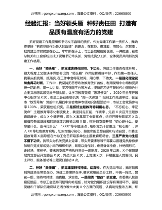 经验汇报：当好领头雁  种好责任田  打造有品质有温度有活力的党建
