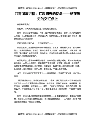 共青团演讲稿：扛起明天的使命——站在历史的交汇点上