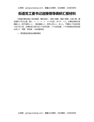街道党工委书记迎接领导调研汇报材料