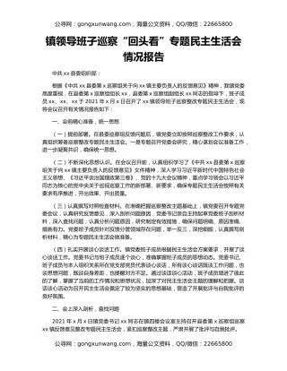 镇领导班子巡察“回头看”专题民主生活会情况报告