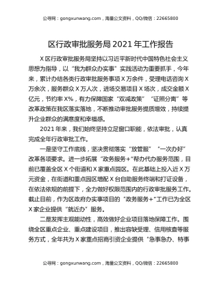 区行政审批服务局2021年工作报告