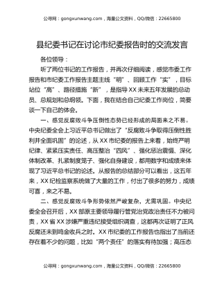 县纪委书记在讨论市纪委报告时的交流发言