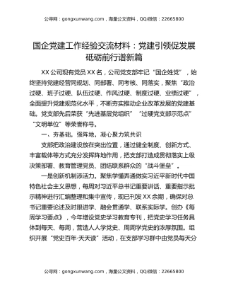 国企党建工作经验交流材料：党建引领促发展 砥砺前行谱新篇