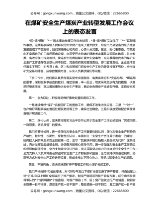 在煤矿安全生产煤炭产业转型发展工作会议上的表态发言