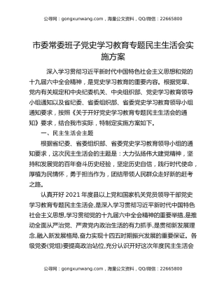 市委常委班子党史学习教育专题民主生活会实施方案
