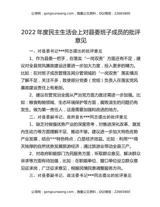 2022年度民主生活会上对县委班子成员的批评意见