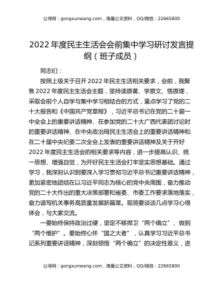 2022年度民主生活会会前集中学习研讨发言提纲（班子成员）