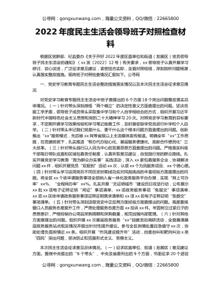 2022年度民主生活会领导班子对照检查材料