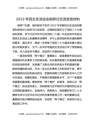 2022年民主生活会会前研讨交流发言材料