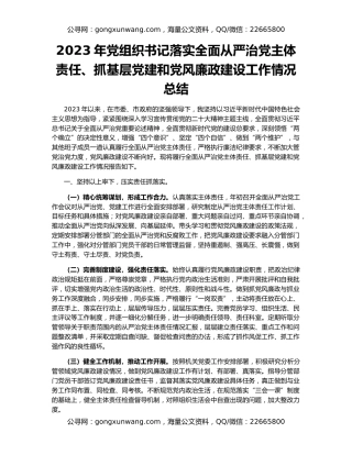 2023年党组织书记落实全面从严治党主体责任、抓基层党建和党风廉政建设工作情况总结