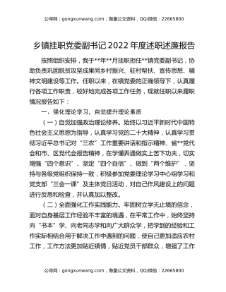 乡镇挂职党委副书记2022年度述职述廉报告