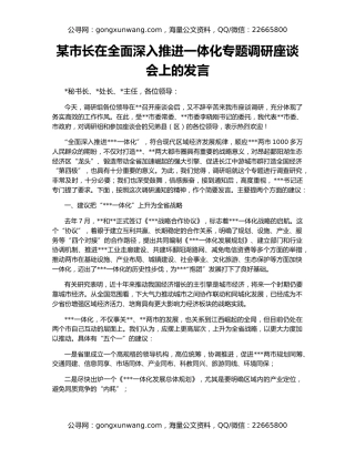 某市长在全面深入推进一体化专题调研座谈会上的发言