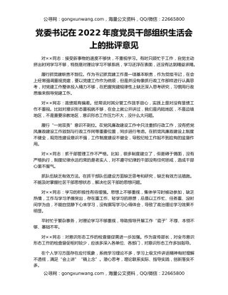 党委书记在2022年度党员干部组织生活会上的批评意见