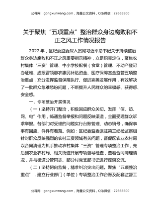 关于聚焦“五项重点”整治群众身边腐败和不正之风工作情况报告