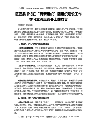 区团委书记在“两新组织”团组织建设工作学习交流座谈会上的发言
