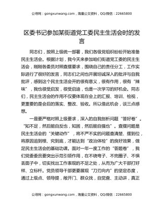 区委书记参加某街道党工委民主生活会时的发言