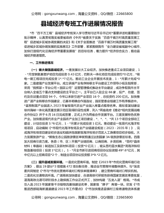 县域经济专班工作进展情况报告