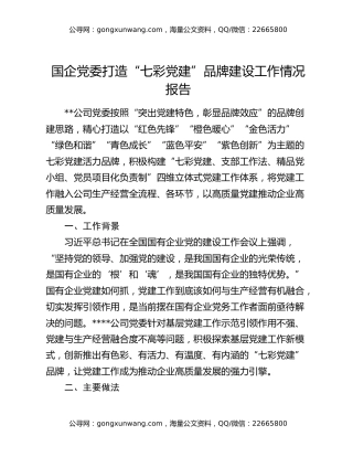 国企党委打造“七彩党建”品牌建设工作情况报告