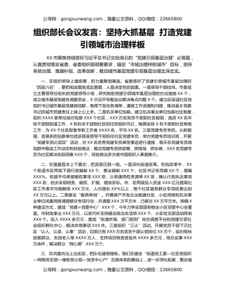 组织部长会议发言：坚持大抓基层  打造党建引领城市治理样板