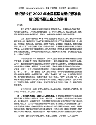 组织部长在2022年全县基层党组织标准化建设现场推进会上的讲话