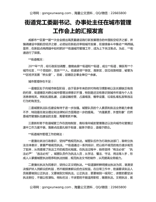 街道党工委副书记、办事处主任在城市管理工作会上的汇报发言