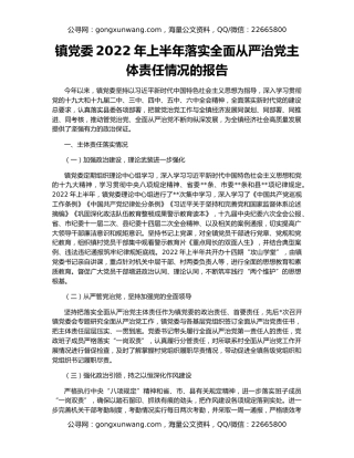 镇党委2022年上半年落实全面从严治党主体责任情况的报告