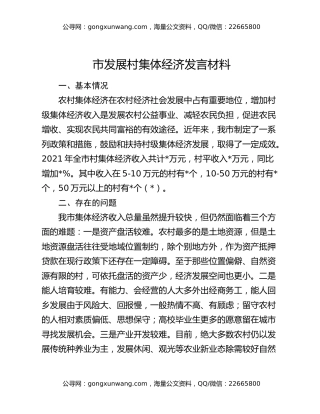 市发展村集体经济发言材料