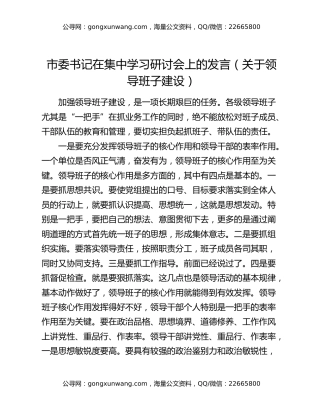 市委书记在集中学习研讨会上的发言（关于领导班子建设）