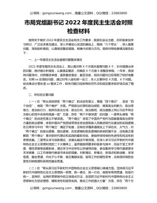 市局党组副书记2022年度民主生活会对照检查材料