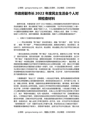 市政府副市长2022年度民主生活会个人对照检查材料