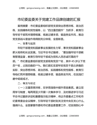 市纪委监委关于党建工作品牌创建的汇报