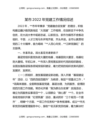 某市2022年党建工作情况综述