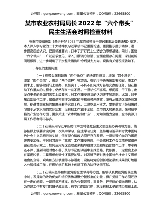 某市农业农村局局长2022年“六个带头”民主生活会对照检查材料