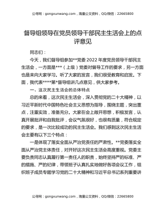 督导组领导在党员领导干部民主生活会上的点评意见