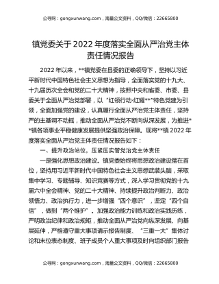 镇党委关于2022年度落实全面从严治党主体责任情况报告
